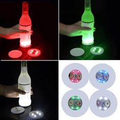 four images show different types of light up bottles and coasters, including one with a bottle opener