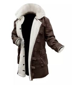 Crafted from premium leather, this Men's Dark Brown Bane Sherpa Coat combines rugged charm with warmth and durability. A stylish choice for the coldest months, exuding masculine sophistication.. Bane Jacket, Mens Shearling Coat, Mens Leather Coats, Brown Leather Coat, Dark Knight Rises, Mens Sherpa, Leather Coats, Leather Trench, Mens Winter Coat