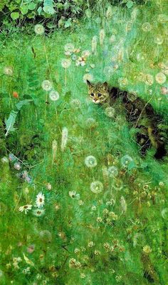 a painting of a cat in the grass with dandelions