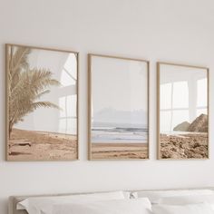 three framed pictures hanging on the wall above a bed