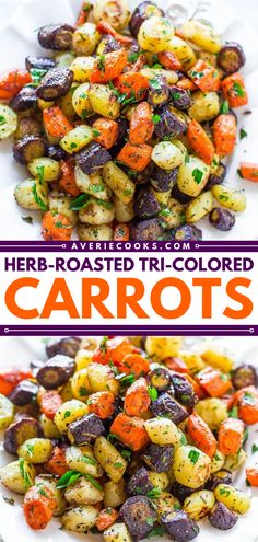 two plates filled with roasted carrots and potatoes