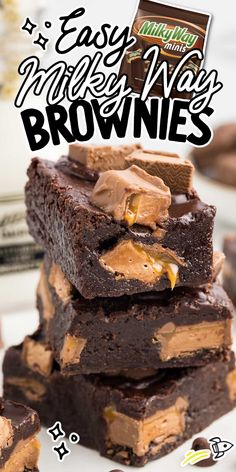 chocolate brownies stacked up on top of each other with peanut butter in the middle