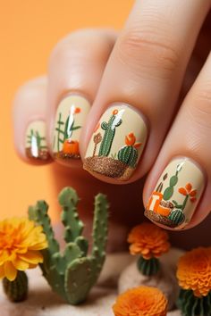 Discover the allure of the desert with this chic cactus-inspired nail art. Each nail features a unique Mexican design with a variety of cacti set against a backdrop of soft, pastel hues. These Mexican themed nails are perfect for adding a touch of southwestern charm to any outfit. Get inspired and find your perfect Mexican style nails design at nailhow.com. Mexican Themed Nails, Mexican Style Nails, Sugar Skull Nails, Mexican Nails, Mandala Nails, Themed Nails, Skull Nails, Korean Nail Art, Style Nails