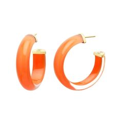 14k yellow gold over sterling silver small illusion acrylic hoop earrings in orange. This is a great hoop for a pop of color and a bit of shimmer! 1.5" Round Illusion Hoops. Handcrafted acrylic earrings with hand painted pearl shimmer enamel. 14k gold plated sterling silver findings. Clear from the side and full pop of color in the front. Small Hoop Earrings Orange Gift, Small Hoop Earrings In Orange For Gifts, Orange Small Hoop Earrings For Gift, Small Hoop Earrings Orange For Gift, Trendy Small Hoop Orange Jewelry, Trendy Small Hoop Orange Earrings, Trendy Hypoallergenic Orange Jewelry, Trendy Orange Hypoallergenic Jewelry, Pink Peacock