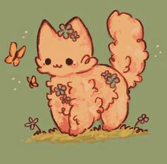 a drawing of a cat with flowers on it's tail and a butterfly in the background