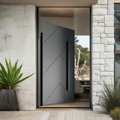 an open door to a house with plants in the foreground