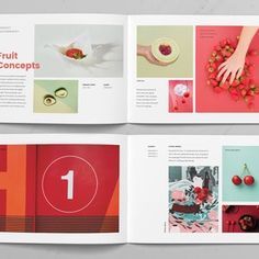 an open brochure with images of fruits and vegetables