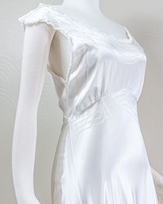 White Fitted Bias Cut Slip Dress, Fitted White Bias Cut Slip Dress, White Bias Cut Slip Dress For Daywear, White Bias Cut Slip Dress For Wedding Night, Fitted Satin Finish Nightgown For Wedding Night, White Bias Cut Slip Dress For Sleep, Fitted Bias Cut Slip Dress For Sleep, Vintage Silk Slip Dress For Wedding Night, Elegant White Bias Cut Nightgown