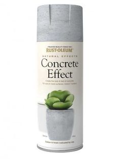 a can of concrete effect paint with green leaves on the top and bottom, in white