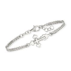 Ross-Simons - Italian Sterling Silver Cross Bracelet. 6.5". Let your faith shine brightly with this beautiful bracelet. A polished sterling silver cross is stationed sideways along a double rolo chain with a 1/2" extender. Made in Italy. Lobster clasp, sterling silver cross bracelet. Silver Cross Bracelet With Adjustable Chain, Silver Cross Bracelets With Adjustable Chain, Bracelet With Cross, Silver Cross Bracelet, Fine Jewelry Bracelets, Cross Bracelet, Sterling Silver Cross, Rolo Chain, Dream Jewelry