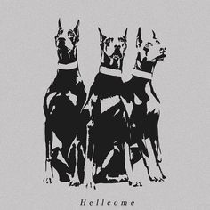 three dogs sitting next to each other on top of a gray background with the words welcome