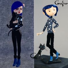 two dolls with cats on them, one in black and the other in blue