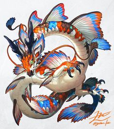 a drawing of a dragon with blue wings and orange tail, on a white background