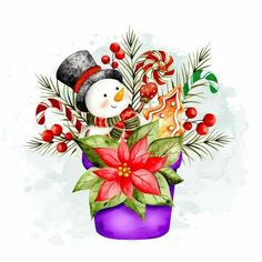 a snowman is sitting in a purple pot filled with flowers and candy canes