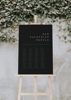 an easel stands in front of a wall with ivy growing on it that says, your favorite people