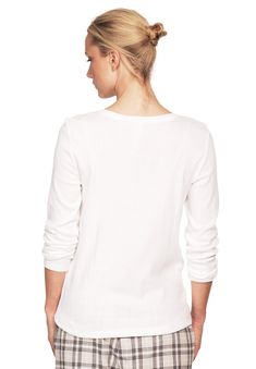 Classic sleep tee with scoop neckline and ribbed henley placket. Long sleeves. Approx. 27" hits low hipCotton jersey knitMachine wash coldImported Thermal Sweater, Womens Scrubs, Sweater Tank Top, Swimsuits For All, New Tops, Shop Sweatshirts, Striped Linen, Scoop Neckline, Long Tops