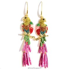 These Are Brand New Colorful Glass Rhinestone Dazzled Parrot Gold Tone Waterdrop Hook Statement Earrings. These Beautiful Earrings Feature Super Sparkly Transparent Yellow, Peach, Teal Round Cut Glass Rhinestone Parrot With Transparent Green And Pink And Opaque Pink Enamel Wings Perching On A Golden Branch And A Long, Layered Pink And Green Painted Gold Tone Metal All Dangling From A Gold Tone Metal Waterdrop Hook. These Gorgeous Earrings Make A Fun, Colorful Statement To Any Outfit! Perfect For Glamorous Pink Jewelry For Celebration, Glamorous Pink Earrings For Celebration, Multicolor Metal Crystal Earrings For Party, Pink Whimsical Metal Jewelry, Whimsical Pink Metal Jewelry, Pink Metal Earrings With Rhinestones, Nickel-free Pink Jewelry For Party, Adjustable Crystal Earrings For Party, Glamorous Pink Metal Earrings