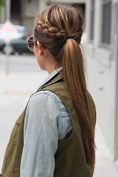 Try a braided ponytail by Dutch (inside-out) braiding on both sides at the center part and finishing at the center of the head. Gather both braids and the rest of the hair into a ponytail. Green Vest, Beautiful Braids, A Pony, A Ponytail, Popular Hairstyles, Hair Envy, Long Hairstyles, Love Hair