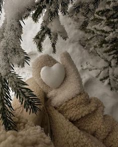 a gloved hand holding a heart in front of snow - covered trees and branches