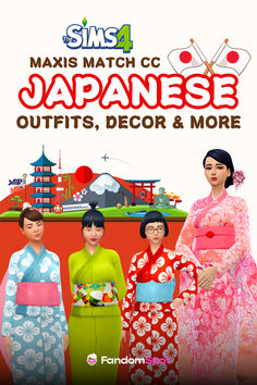 an advertisement with three women in kimonos and the words, maisi match c japanese outfits, decor & more