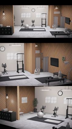 three different views of a room with various objects