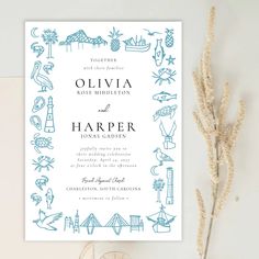 a wedding card with blue ink on it