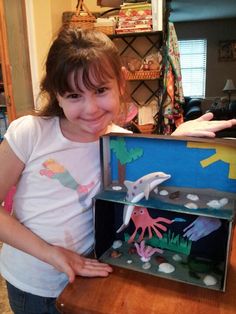 Ocean diorama, shows above and below the water Dolphin Habitat, Ocean Projects, Ocean Crafts