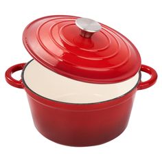 a red casserole dish with a lid