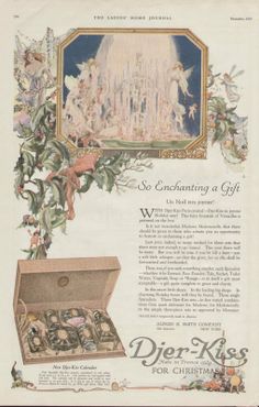 an old advertisement for the christmas season with angels and other items in it's box