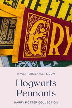 harry potter's pennants are stacked on top of each other with the hogwarts logo