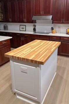 Kitchen with hickory blended butcher block countertop and white cabinets. Hickory Kitchen Island, Kitchen Island Butcher Block, Island Butcher Block, Custom Butcher Block, Hickory Kitchen, Butcher Block Island Kitchen