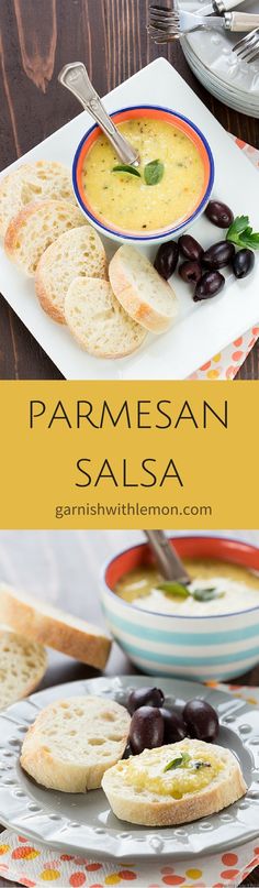 a plate with bread and olives on it next to a bowl of parmesan salsa