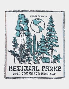 the national parks thrower is shown in blue and white with trees, plants, and an earth globe on it