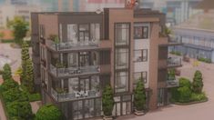 an apartment building with balconies and trees on the top floor is shown in this 3d image