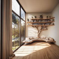 an empty room with bookshelves and pillows on the floor, near a large window