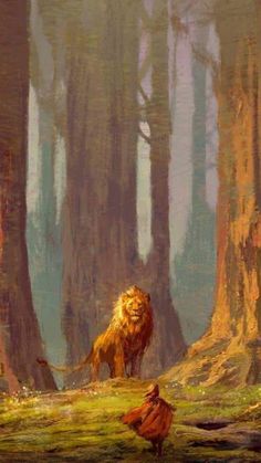 a painting of a lion standing in the middle of a forest next to a woman