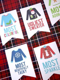 four christmas cards with ugly sweaters on them