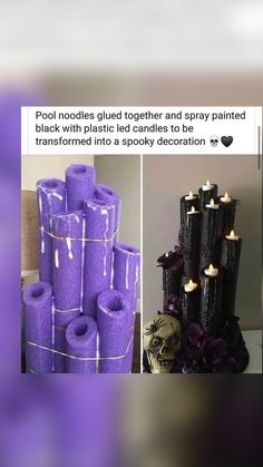 purple candles are stacked on top of each other in front of a stack of skulls