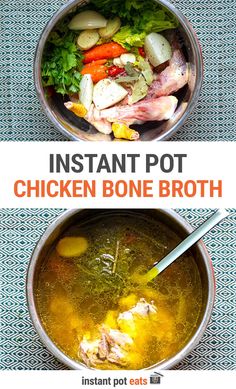 chicken bone broth in a bowl with carrots and celery