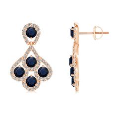 Offering unmatched elegance, these blue sapphire chandelier earrings exude a truly sophisticated aura. Mesmerizing round blue sapphires are surrounded by diamond encrusted pear-shaped frames in an exquisite pattern. Designed in 14K rose gold, this pair of sapphire dangle earrings makes a dazzling statement accessory.