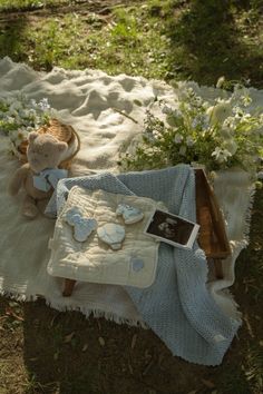 a teddy bear sitting on top of a blanket next to a basket filled with cookies