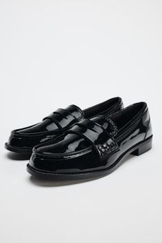 FAUX PATENT LEATHER PENNY LOAFERS - Black | ZARA United States Patent Leather Loafers, Cardigan Sweater Jacket, T Shirt Vest, Penny Loafers, Zara United States, Shoes Trainers, Leather Loafers, Loafer Shoes, Saddle