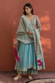 Floral Print Anarkali, Chanderi Anarkali, Floral Anarkali, Blue Anarkali, Dupatta Set, Embroidered Neckline, Anarkali Dress, Fashion App