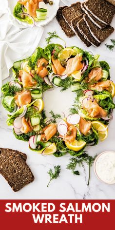 This Smoked Salmon Wreath will make a stunning centrepiece for your festive table. Served with a delicious herb and yoghurt sauce, this easy salad is a quick, no-cook, elegant dish. It is a perfect starter for a heavier meal to follow and ideal for entertaining over the Christmas season. Smoked Salmon Christmas, Salmon Wreath, Salmon Christmas, Easter Salad Recipes, Rare Roast Beef, Feast Of The Seven Fishes, Caper Berries, Italian Seafood