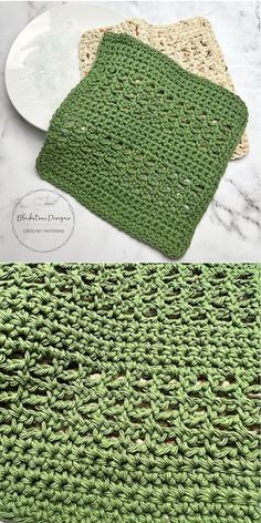 crocheted placemats are shown in two different colors and one is green