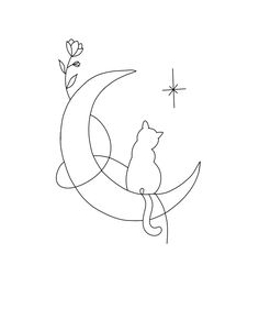 a black and white drawing of a cat sitting on the moon