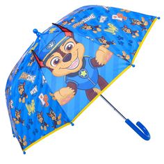 the paw patrol umbrella is blue with yellow trim and features an animal character on it