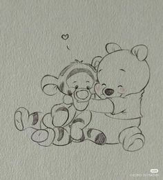 a drawing of winnie the pooh hugging a teddy bear with a heart shaped balloon