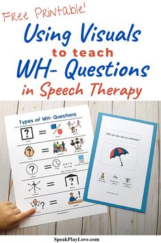 a hand holding a paper with the text using visual skills to teach wh - questions in speech therapy