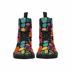 Party like it's 1969 in these Groovy Funky Hippie Retro Mid Mod Amoeba Women's Canvas Boots! Stand out from the crowd with these classically-styled kicks, featuring a rubber sole, rear pull-loop, ribbed midsole, and mesh foamed lining. Not only are they totally 'outta sight', but they also have a black gum rubber outsole for good slip resistance and abrasion. So shake up your wardrobe with these awesome boots! Crafted from premium canvas for exceptional durability and quality. Ensures utmost comfort during wear, making it perfect for extended use. Equipped with a black gum rubber outsole, providing excellent slip resistance and abrasion resistance. Features a convenient rear pull-loop, allowing for effortless putting on and taking off of the boots. Lace-up design with a ribbed midsole and Multicolor Lace-up Boots With Round Toe For Fall, Multicolor Round Toe Boots For Fall, Retro Multicolor Boots For Winter, Casual Multicolor Lace-up Boots With Round Toe, Retro Multicolor Boots With Round Toe, Retro Multicolor Round Toe Boots, Multicolor Ankle-high Winter Boots, Retro Lace-up Spring Boots, Retro Lace-up Boots For Spring